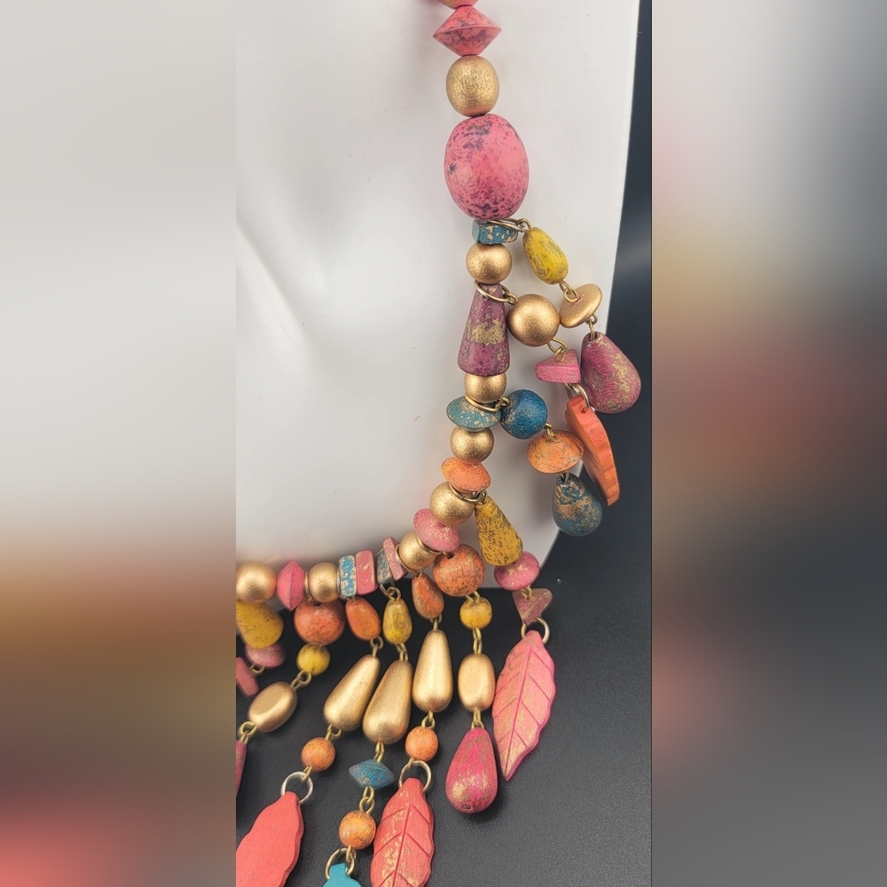 Wooden Colored Necklace Beaded  Retro Hippie Boho - Picture 3 of 7